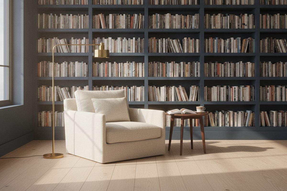 A bright bookshelf and reading corner