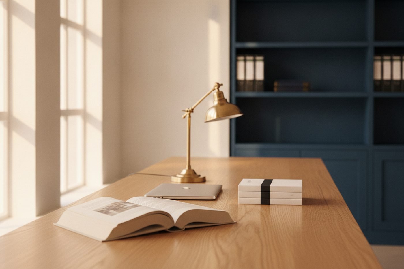 A calm, modern editorial workspace with natural light